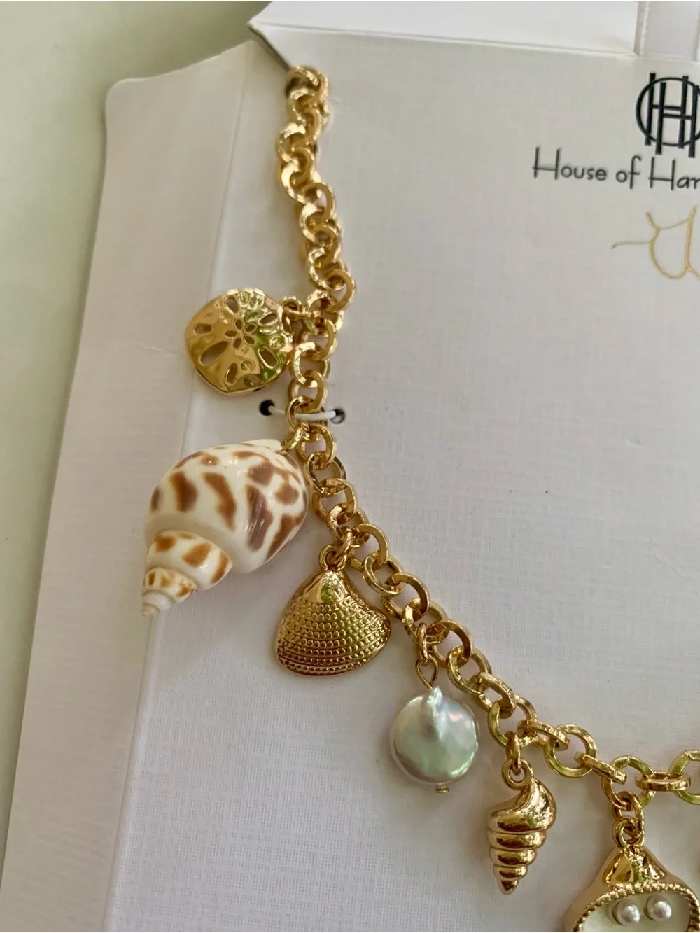 House of Harlow 1960 Gold Shell & Pearl Charm Statement Necklace